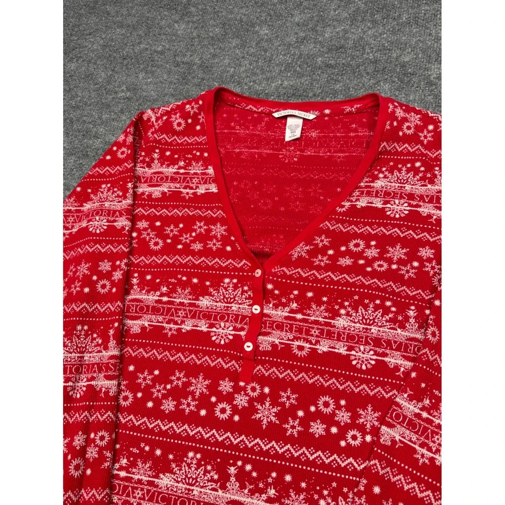 Victoria's Secret Red Snowflake Thermal Henley Top‎ Womens Large Holiday